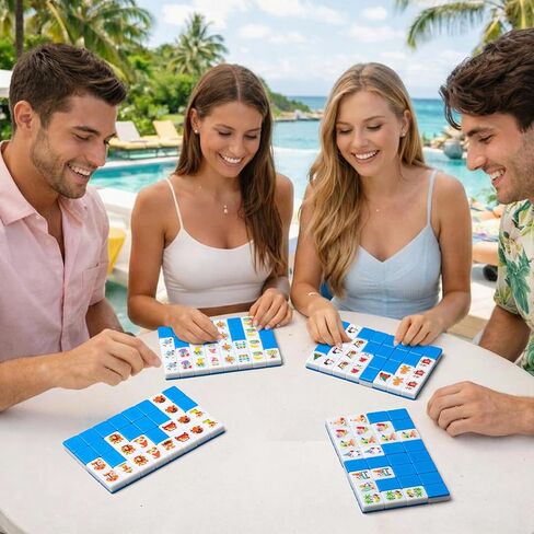Soulchen 129 Pack 4 Players Mahjong Block Set(1.2'') Tiles Push Game Portable Travel Blue Mahjong Tiles Set with Carry Bag for Spring Summer Family Friends Party Game Gift, 32 Seasonal Pattern in Kuwait