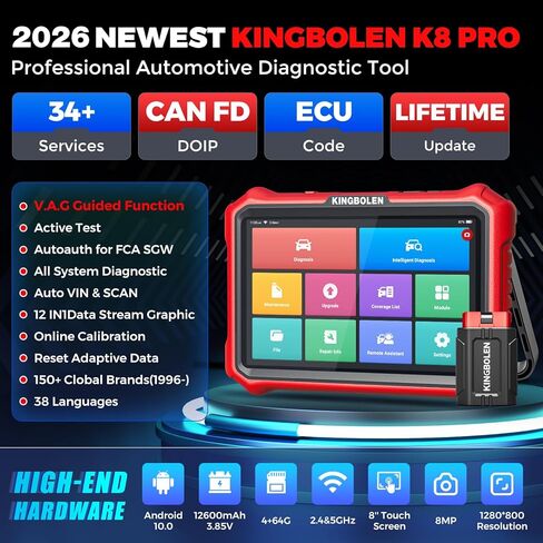 KINGBOLEN K8 Pro Obd2 Scanner Bluetooth 2026 أداة مسح ثنائية الاتجاه مع تحديث مدى الحياة بدون اشتراك 8 بوصات جميع أدوات تشخيص النظام، رمز ECU، 34+ إعادة تعيين، CANFD&DOIP، دليل V.A.G، FCA AutoAuth in Kuwait