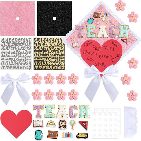 35 Pcs Teacher Theme DIY Graduation Cap Decorations White Lace Trim White Bows Heart Paper Cutouts Iron On Letters Patches Plastic Patches for DIY Hat Grad Cap Topper Graduation Party Supplies in Kuwait