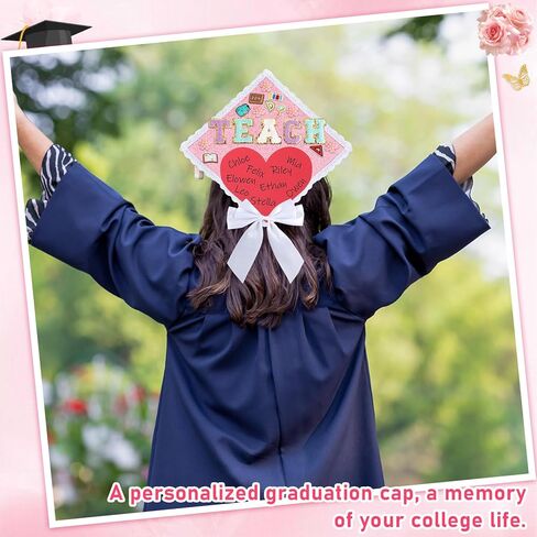 35 Pcs Teacher Theme DIY Graduation Cap Decorations White Lace Trim White Bows Heart Paper Cutouts Iron On Letters Patches Plastic Patches for DIY Hat Grad Cap Topper Graduation Party Supplies in Kuwait