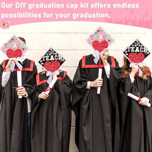 35 Pcs Teacher Theme DIY Graduation Cap Decorations White Lace Trim White Bows Heart Paper Cutouts Iron On Letters Patches Plastic Patches for DIY Hat Grad Cap Topper Graduation Party Supplies in Kuwait