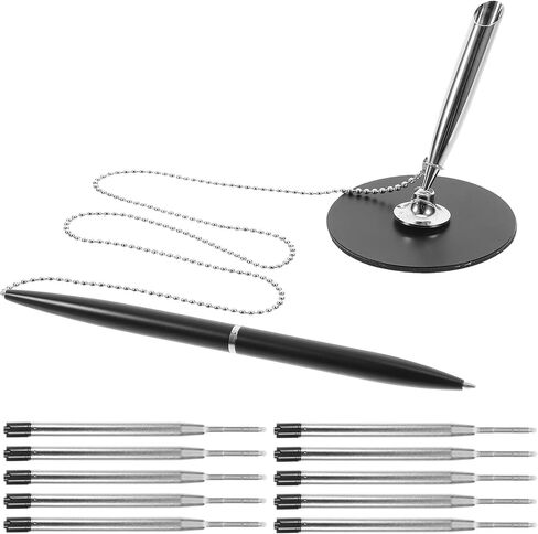 Countertop Signature Pen with Chain and Rotating Metal Base, Black Business Pen Set with 10 Assorted Ink Refills for Office and Bank Counters Random Color in Kuwait