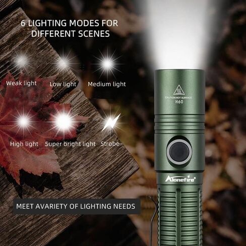 ALONEFIRE H60 مصباح يدوي LED 1800 لومن عالي السطوع USB C قابل لإعادة الشحن 6 أوضاع قابلة للتعديل ضوء فلاش مقاوم للماء مع البطارية، حبل للتخييم في حالات الطوارئ والمشي لمسافات طويلة في المنزل (أخضر) in Saudi Arabia