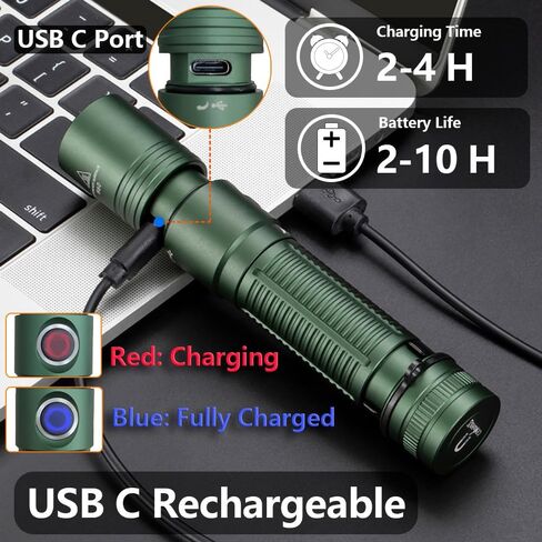 ALONEFIRE H60 مصباح يدوي LED 1800 لومن عالي السطوع USB C قابل لإعادة الشحن 6 أوضاع قابلة للتعديل ضوء فلاش مقاوم للماء مع البطارية، حبل للتخييم في حالات الطوارئ والمشي لمسافات طويلة في المنزل (أخضر) in Saudi Arabia