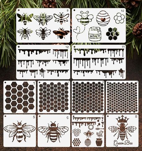 12 Pcs Honeycomb Stencil, Reusable Bee Stencil, White Painting Templates for DIY Crafts on Wood Furniture Wall Canvas Fabric Tile Paper in Saudi Arabia