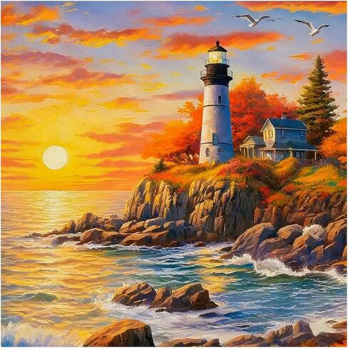 Domnpes Seaside Lighthouse Diamond Art Kits للبالغين، مجموعات طلاء الماس 5D للمبتدئين، DIY جولة الحفر الكامل حبة الحرفية لديكور المنزل هدية 11.8x11.8 بوصة، مشهد in Kuwait