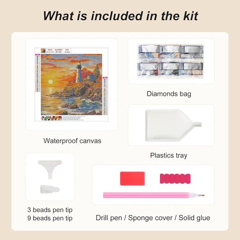 Domnpes Seaside Lighthouse Diamond Art Kits للبالغين، مجموعات طلاء الماس 5D للمبتدئين، DIY جولة الحفر الكامل حبة الحرفية لديكور المنزل هدية 11.8x11.8 بوصة، مشهد in Kuwait