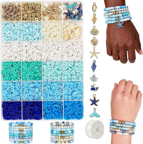 Ocean Theme Clay Beads Kit for Bracelet Making, 3000Pcs Blue White Polymer Heishi Beads Set with Starfish Shell Charms Pearls, DIY Jewelry Making Kit for Summer Beach Crafts in Kuwait