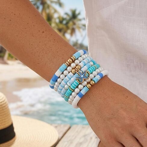 Ocean Theme Clay Beads Kit for Bracelet Making, 3000Pcs Blue White Polymer Heishi Beads Set with Starfish Shell Charms Pearls, DIY Jewelry Making Kit for Summer Beach Crafts in Kuwait