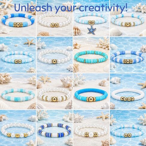 Ocean Theme Clay Beads Kit for Bracelet Making, 3000Pcs Blue White Polymer Heishi Beads Set with Starfish Shell Charms Pearls, DIY Jewelry Making Kit for Summer Beach Crafts in Kuwait