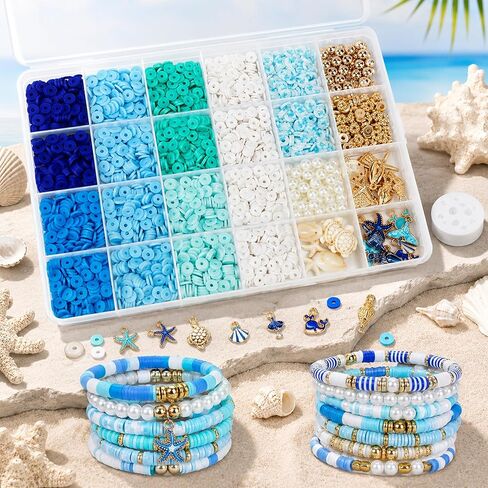 Ocean Theme Clay Beads Kit for Bracelet Making, 3000Pcs Blue White Polymer Heishi Beads Set with Starfish Shell Charms Pearls, DIY Jewelry Making Kit for Summer Beach Crafts in Kuwait