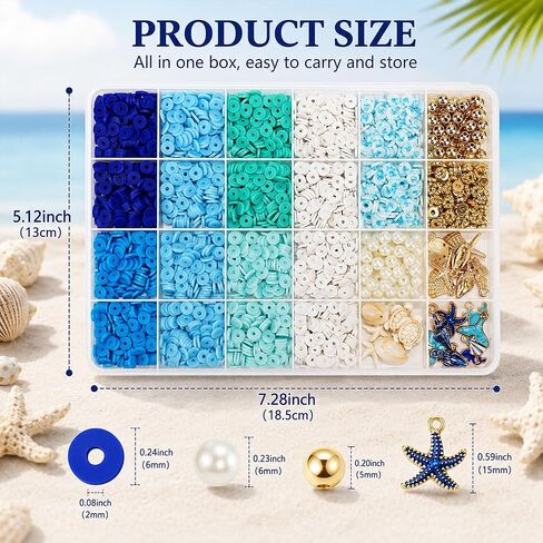 Ocean Theme Clay Beads Kit for Bracelet Making, 3000Pcs Blue White Polymer Heishi Beads Set with Starfish Shell Charms Pearls, DIY Jewelry Making Kit for Summer Beach Crafts in Kuwait