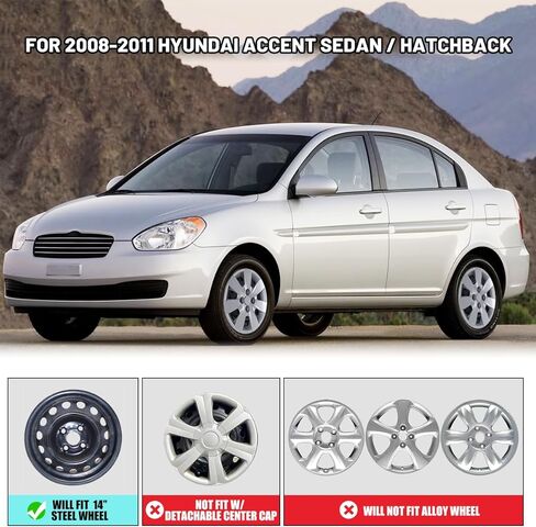 Winjet 14" Hubcaps for 2008-2011 Hyundai Accent Sedan/Hatchback Wheel Rim Covers, [Only Fit Iron Hub & Steel Wheel] Heavy Duty PP Material Bolt-On Installation (14 Inch Set of 4,Lacquer) in Kuwait