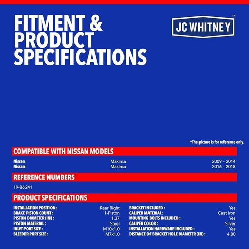 مجموعة فرجار الفرامل الخلفية اليمنى JC Whitney JFBAJCWBC00753 مع دعامة - متوافقة مع Nissan Maxima 2009-2014&2016-2018 in Kuwait