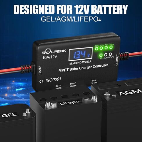 وحدة تحكم شحن بالطاقة الشمسية SOLPERK MPPT 10A 12V مع شاشة LCD، وحدة تحكم شحن الألواح الشمسية مع مخرج Type-C ومخرج USB لمنظم الألواح الشمسية جل AGM بطارية ليثيوم LiFePO4 in Kuwait