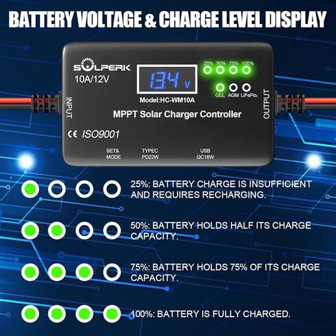 وحدة تحكم شحن بالطاقة الشمسية SOLPERK MPPT 10A 12V مع شاشة LCD، وحدة تحكم شحن الألواح الشمسية مع مخرج Type-C ومخرج USB لمنظم الألواح الشمسية جل AGM بطارية ليثيوم LiFePO4 in Kuwait