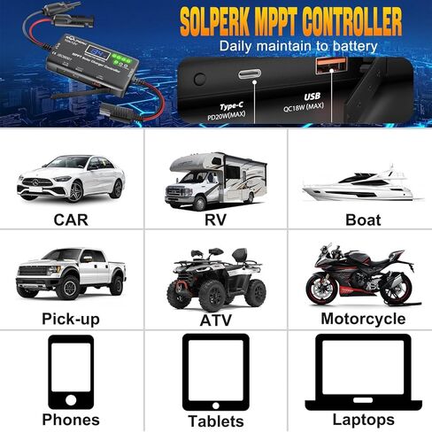 وحدة تحكم شحن بالطاقة الشمسية SOLPERK MPPT 10A 12V مع شاشة LCD، وحدة تحكم شحن الألواح الشمسية مع مخرج Type-C ومخرج USB لمنظم الألواح الشمسية جل AGM بطارية ليثيوم LiFePO4 in Kuwait