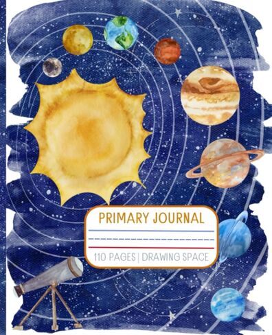Primary Composition Journal | Watercolor Artwork: Space | Grades K-2 | Story Journal | Dotted Midline | Picture Space | Black & White Edition: 7.5" x 9.25" Size | 110 Pages in Kuwait