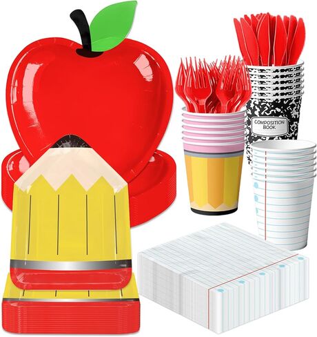 Back to School Party Supplies Kit Apple Pencil Notebook Composition Tableware Set Disposable Dinnerware Paper Napkin Plate Cup Fork for First Day of School Kindergarten Graduation Decor, 24 Guest in Kuwait