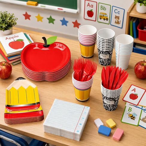 Back to School Party Supplies Kit Apple Pencil Notebook Composition Tableware Set Disposable Dinnerware Paper Napkin Plate Cup Fork for First Day of School Kindergarten Graduation Decor, 24 Guest in Kuwait