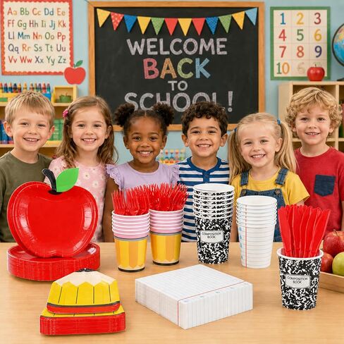Back to School Party Supplies Kit Apple Pencil Notebook Composition Tableware Set Disposable Dinnerware Paper Napkin Plate Cup Fork for First Day of School Kindergarten Graduation Decor, 24 Guest in Kuwait