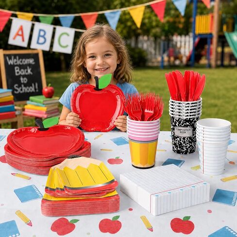 Back to School Party Supplies Kit Apple Pencil Notebook Composition Tableware Set Disposable Dinnerware Paper Napkin Plate Cup Fork for First Day of School Kindergarten Graduation Decor, 24 Guest in Kuwait
