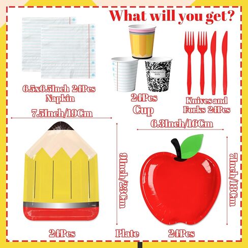 Back to School Party Supplies Kit Apple Pencil Notebook Composition Tableware Set Disposable Dinnerware Paper Napkin Plate Cup Fork for First Day of School Kindergarten Graduation Decor, 24 Guest in Kuwait