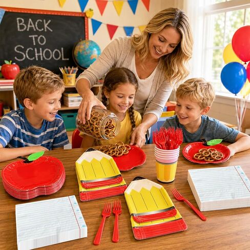 Back to School Party Supplies Kit Apple Pencil Notebook Composition Tableware Set Disposable Dinnerware Paper Napkin Plate Cup Fork for First Day of School Kindergarten Graduation Decor, 24 Guest in Kuwait