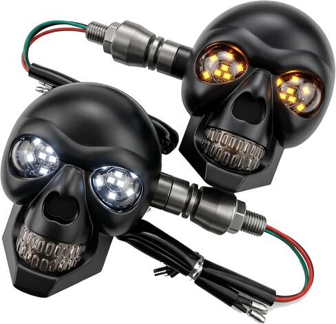 2 PCS Motorcycle LED Turn Signal Lights, Skull Design Running & Blinker Lights, White DRL + Amber Flash, Waterproof 12V Bolt-On Indicators, Universal for Most Motorcycles (Black) in Kuwait