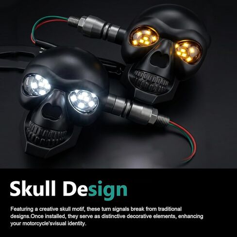 2 PCS Motorcycle LED Turn Signal Lights, Skull Design Running & Blinker Lights, White DRL + Amber Flash, Waterproof 12V Bolt-On Indicators, Universal for Most Motorcycles (Black) in Kuwait