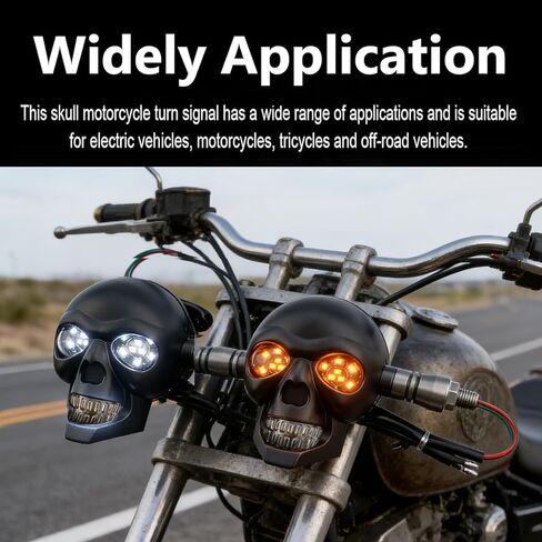 2 PCS Motorcycle LED Turn Signal Lights, Skull Design Running & Blinker Lights, White DRL + Amber Flash, Waterproof 12V Bolt-On Indicators, Universal for Most Motorcycles (Black) in Kuwait