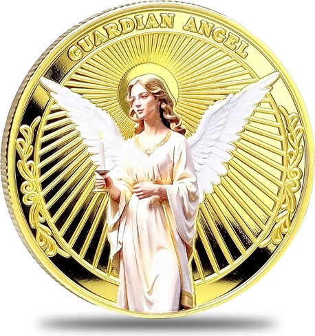 عملة تحدي Guardian Angel - رمز ديني مطلي بالذهب مع صلاة "ملاك الله" وفن الملاك المشع - هدية كاثوليكية ومسيحية للحماية، أو السفر، أو المستجيبين الأوائل أو التفاني اليومي in Kuwait