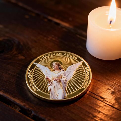 عملة تحدي Guardian Angel - رمز ديني مطلي بالذهب مع صلاة "ملاك الله" وفن الملاك المشع - هدية كاثوليكية ومسيحية للحماية، أو السفر، أو المستجيبين الأوائل أو التفاني اليومي in Kuwait
