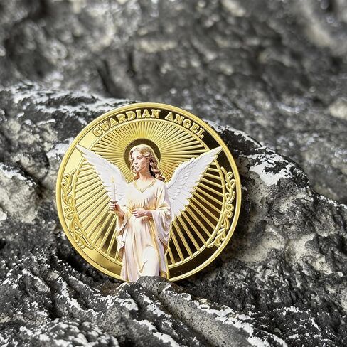 عملة تحدي Guardian Angel - رمز ديني مطلي بالذهب مع صلاة "ملاك الله" وفن الملاك المشع - هدية كاثوليكية ومسيحية للحماية، أو السفر، أو المستجيبين الأوائل أو التفاني اليومي in Kuwait