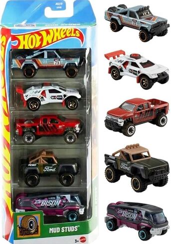Hot Wheels Mud Studs 5 عبوات [Sand Burner، Chevy Silverado Off Road، '73 Jeep J10، Custom Ford Bronco، Baja Bison T5] سيارات لعبة مصبوبة بمقياس 1:64 in Kuwait