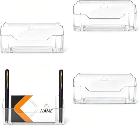 4 Pack Clear Acrylic Business Card Holder with Pen Holder, Desk Stand Display Organizer for Office, Fits Standard Size Business Cards, Easy Assembly with Plastic Support Parts in Saudi Arabia