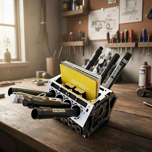 V8 Engine Block Business Card Holder – 3D Printed PLA Desk Organizer for Pens, Pencils & Name Cards, Shiny Silver Car Enthusiast Decor, Realistic Automotive Design, Unique Office Gift in Kuwait