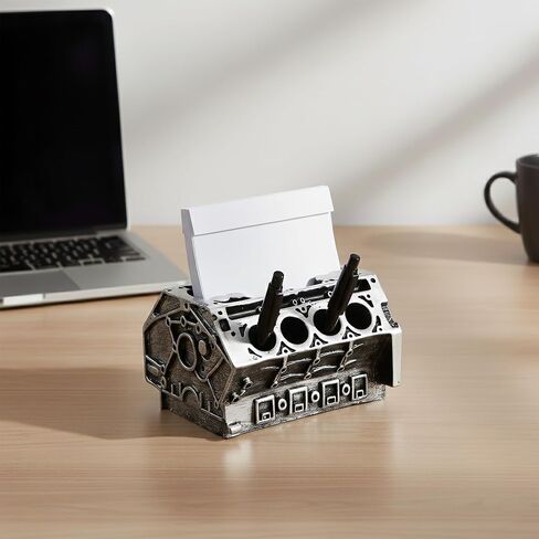 V8 Engine Block Business Card Holder – 3D Printed PLA Desk Organizer for Pens, Pencils & Name Cards, Shiny Silver Car Enthusiast Decor, Realistic Automotive Design, Unique Office Gift in Kuwait