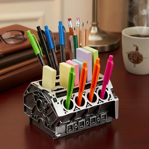V8 Engine Block Business Card Holder – 3D Printed PLA Desk Organizer for Pens, Pencils & Name Cards, Shiny Silver Car Enthusiast Decor, Realistic Automotive Design, Unique Office Gift in Kuwait