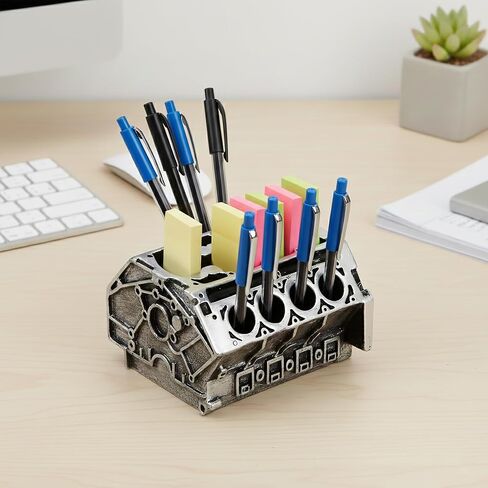 V8 Engine Block Business Card Holder – 3D Printed PLA Desk Organizer for Pens, Pencils & Name Cards, Shiny Silver Car Enthusiast Decor, Realistic Automotive Design, Unique Office Gift in Kuwait