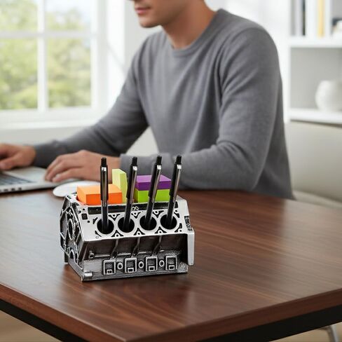 V8 Engine Block Business Card Holder – 3D Printed PLA Desk Organizer for Pens, Pencils & Name Cards, Shiny Silver Car Enthusiast Decor, Realistic Automotive Design, Unique Office Gift in Kuwait