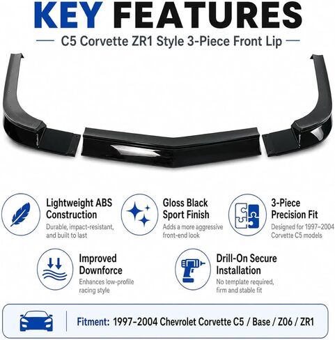 3-Piece ZR1 Style Front Splitter for Corvette C5 (1997-2004) – ABS Lower Lip Spoiler – Aggressive Aero Chin Kit for Base, Z06, & ZR1 (Drill-On Install, Template Not Included) (Carbon Fiber Style) in Saudi Arabia