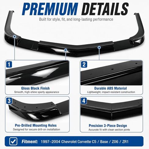 3-Piece ZR1 Style Front Splitter for Corvette C5 (1997-2004) – ABS Lower Lip Spoiler – Aggressive Aero Chin Kit for Base, Z06, & ZR1 (Drill-On Install, Template Not Included) (Carbon Fiber Style) in Saudi Arabia