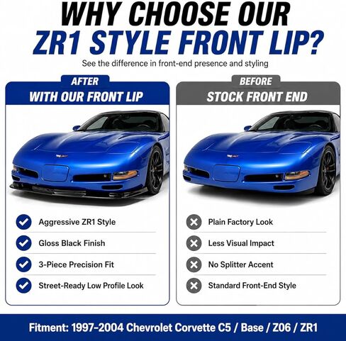 3-Piece ZR1 Style Front Splitter for Corvette C5 (1997-2004) – ABS Lower Lip Spoiler – Aggressive Aero Chin Kit for Base, Z06, & ZR1 (Drill-On Install, Template Not Included) (Carbon Fiber Style) in Saudi Arabia
