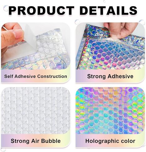 Bubble Mailers, 6x9" 50 Pack Holographic Bubble Mailers, Waterproof Self Seal Adhesive Foil Glitter Glamour Shipping Bags for Mailing, Packing, Small Business, Jewelry Makeup Supplies in Saudi Arabia