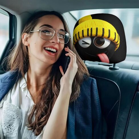 قطعتان من أغطية مسند رأس السيارة الكرتونية ذات العيون واللسان المعبرة - تصميم وجه مضحك أصفر، واقيات ناعمة غير قابلة للحشو مع ملاءمة عالمية مرنة - ديكور تلقائي قابل للغسل للعطلات ورحلات الطريق اليومية in Kuwait