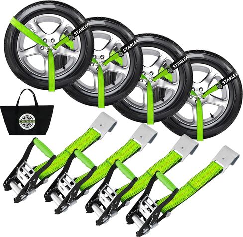 Premium Wheel Straps (4PK) - 10,000lb Guaranteed Max Break Strength - 2" Ratchet with G70 Chain Anchor Hook and 2" X8ft Lasso Strap, Perfect Car Tie Down Straps for Truck, Cars, UTV(Green) in Saudi Arabia