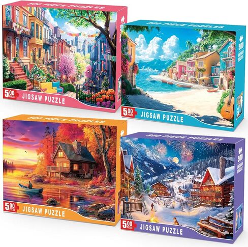 4-Pack 500 Piece Puzzles for Adults Scenic Jigsaw Puzzle Set, City Street Beach Village Lake Cabin Landscape Puzzles 500 Pieces for Adults Seniors Family Game Night Relaxation Gift 20.5 x 15 in in Saudi Arabia