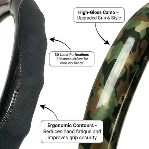 Camo Steering Wheel Cover for Men, Heavy Duty 14.5-15" Fit for Trucks & SUVs. Breathable Perforated Grip, Anti-Slip Rubber Ring, Rugged Camouflage Auto Accessory for F150, Silverado (Green camo) in Saudi Arabia