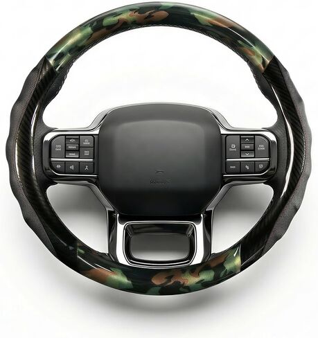 Camo Steering Wheel Cover for Men, Heavy Duty 14.5-15" Fit for Trucks & SUVs. Breathable Perforated Grip, Anti-Slip Rubber Ring, Rugged Camouflage Auto Accessory for F150, Silverado (Green camo) in Saudi Arabia